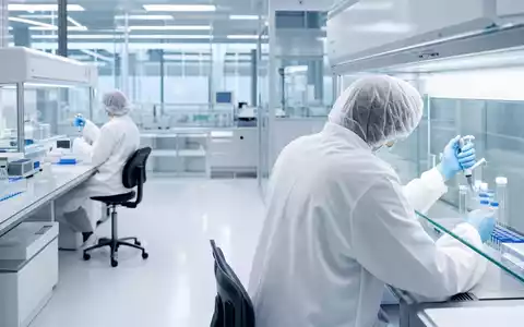 Genmab A/S entwickelt Antikörpertherapien in modernen Biotech-Laboren mit Forschern und Präzisionsgeräten, Aktie DK0010272202 - Foto: THN