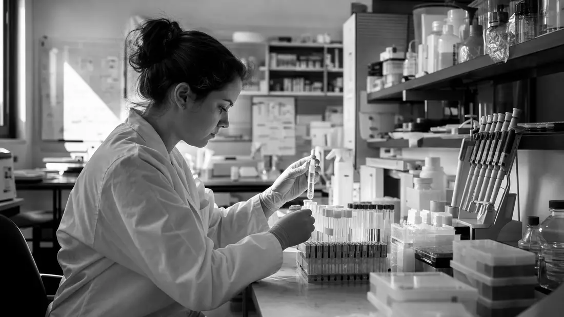 Schwarzweiß-Reportage einer Forscherin bei der Analyse von Laborproben im Biotechlabor