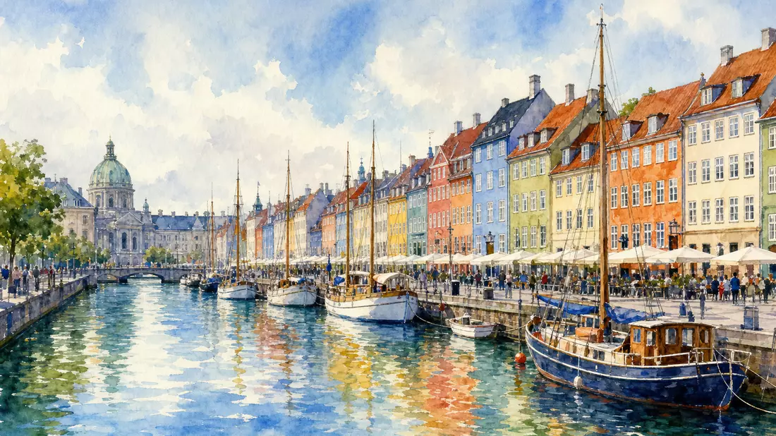 Aquarellmalerei des Kopenhagener Hafens mit bunten Häusern und Segelbooten am Kai