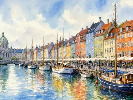 Genmab A/S Heimatstadt Kopenhagen als stimmungsvolles AquarellgemÀlde mit Hafen und bunten HÀusern, ISIN DK0010272202 - Foto: THN