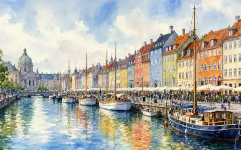 Genmab A/S Heimatstadt Kopenhagen als stimmungsvolles Aquarellgemälde mit Hafen und bunten Häusern, ISIN DK0010272202 - Foto: THN