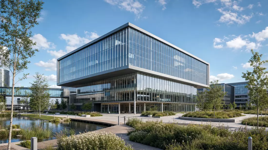 Architektur-Render eines modernen Biotech-Firmengebäudes mit Glasfassade und Grünflächen