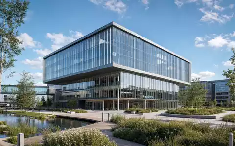 Genmab A/S moderner Biotech-Campus in Kopenhagen als architektonisches Render mit Glasfassade und Grünanlage, DK0010272202 - Foto: THN