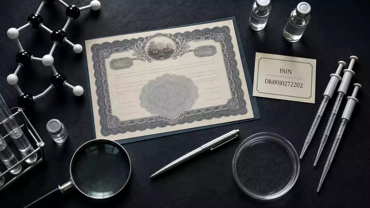 Flatlay mit Aktienzertifikat, ISIN-Karte DK0010272202, Pipetten und Molekülmodell