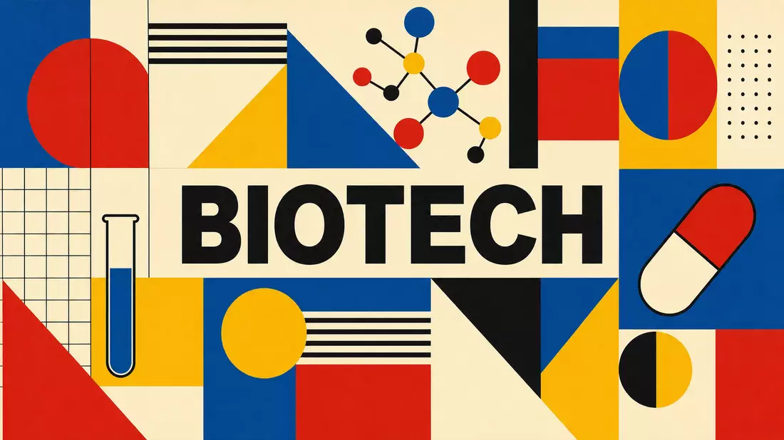 Bauhaus-Poster mit geometrischen Formen in Primärfarben und BIOTECH-Schriftzug