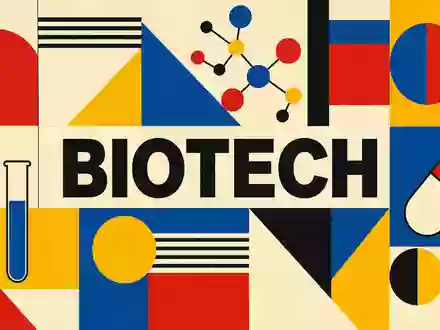 Genmab A/S im Bauhaus-Stil als geometrisches Poster für den Biotech-Sektor mit BIOTECH-Schriftzug, Aktie DK0010272202 - Foto: THN
