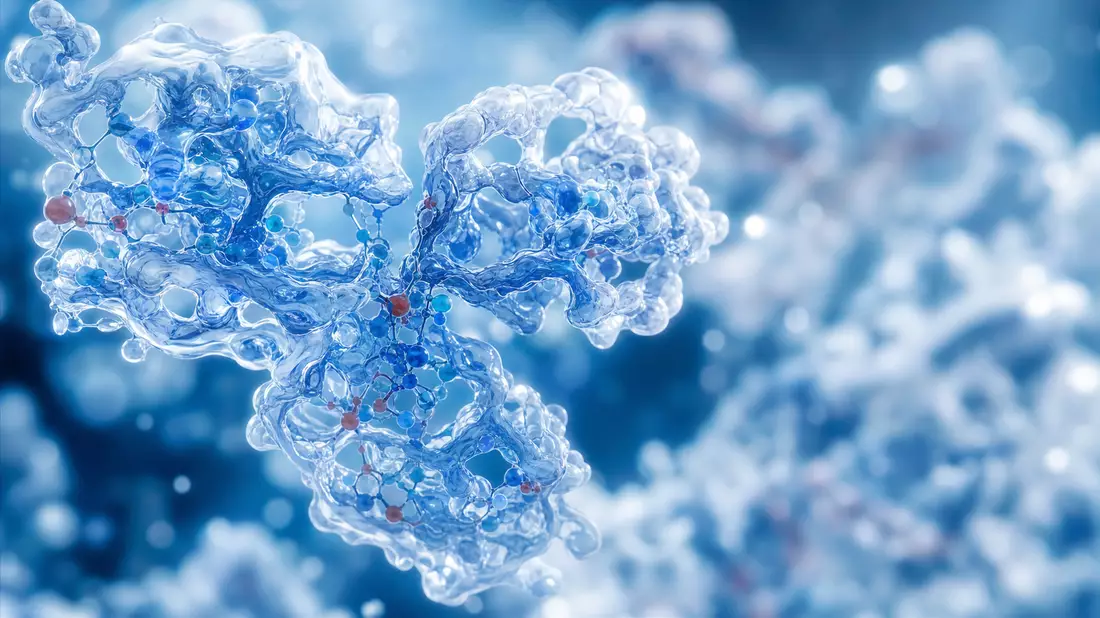 Extreme Makroaufnahme einer Antikörper-Molekülstruktur mit feinen blauen Verzweigungen