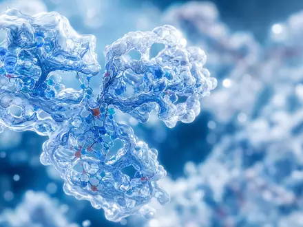 Genmab A/S Antikörpertherapie im Makro zeigt eine detaillierte Molekülstruktur mit feinen Bindungen, Aktie DK0010272202 - Foto: THN