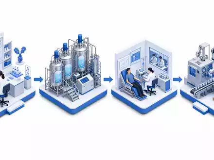Genmab A/S Antikörper-Wertschöpfungskette als isometrische 3D-Illustration von Forschung über Produktion bis Klinik, DK0010272202 - Foto: THN