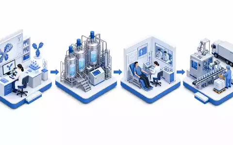 Genmab A/S Antikörper-Wertschöpfungskette als isometrische 3D-Illustration von Forschung über Produktion bis Klinik, DK0010272202 - Foto: THN
