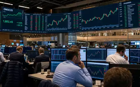 Genmab A/S Biotech-Aktie DK0010272202 im Kopenhagener Börsen-Editorial mit Händlern und OMXC25-Chartanzeigen an Monitoren - Foto: THN