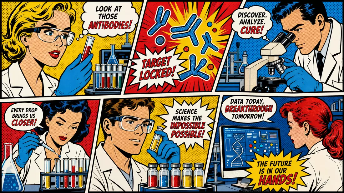 Pop-Art-Comic mit Wissenschaftlern, Reagenzgläsern und bunten Sprechblasen