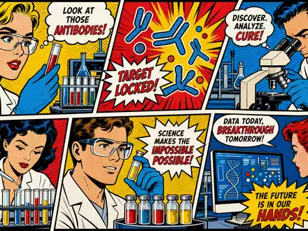 Genmab A/S Biotech-Forschung als bunter Pop-Art-Comic mit Wissenschaftlern, Sprechblasen und Laborutensilien, Aktie DK0010272202 - Foto: THN