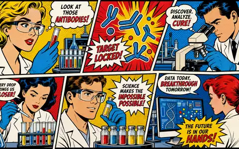 Genmab A/S Biotech-Forschung als bunter Pop-Art-Comic mit Wissenschaftlern, Sprechblasen und Laborutensilien, Aktie DK0010272202 - Foto: THN