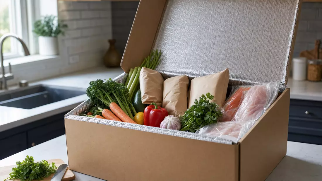 Geöffnete Kochbox mit frischem Gemüse und portionierten Zutaten auf Küchentheke
