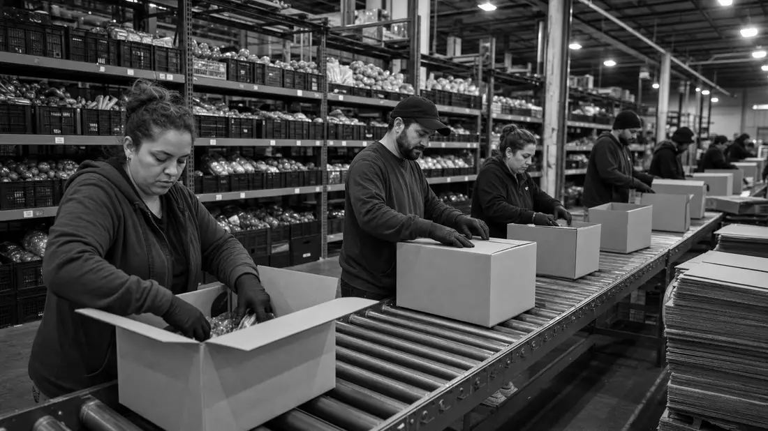 Schwarzweißes Reportagefoto von Arbeitern beim Packen von Kochboxen im Lager