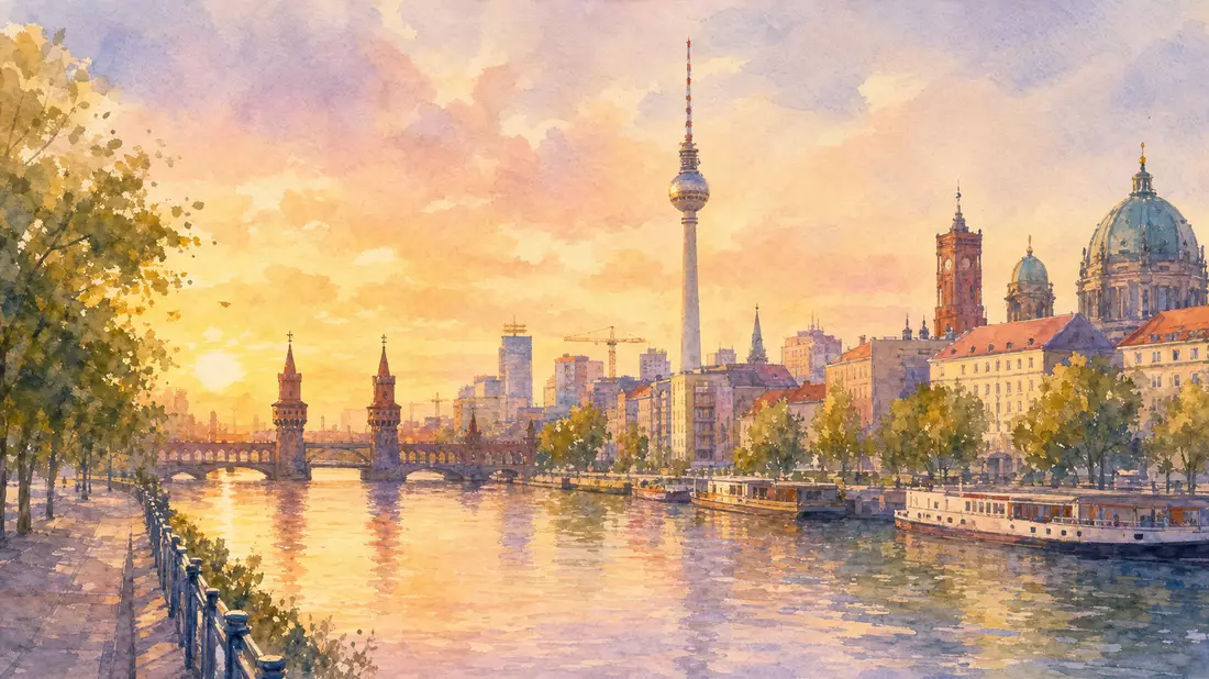Aquarellmalerei der Berliner Skyline mit Fernsehturm und Spree bei Sonnenuntergang