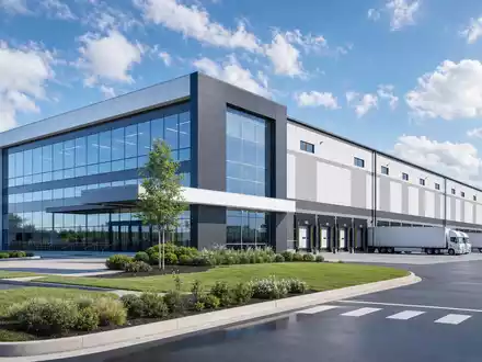 HelloFresh SE (DE000A161408) benötigt groĂe Logistikanlagen, hier als modernes Architektur-Render eines Verteilzentrums visualisiert - Foto: THN