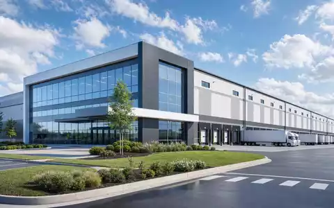 HelloFresh SE (DE000A161408) benötigt große Logistikanlagen, hier als modernes Architektur-Render eines Verteilzentrums visualisiert - Foto: THN