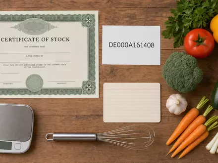 HelloFresh SE (DE000A161408) als Anlageobjekt: Flatlay mit Aktienzertifikat, ISIN-Karte und frischen Kochzutaten - Foto: THN