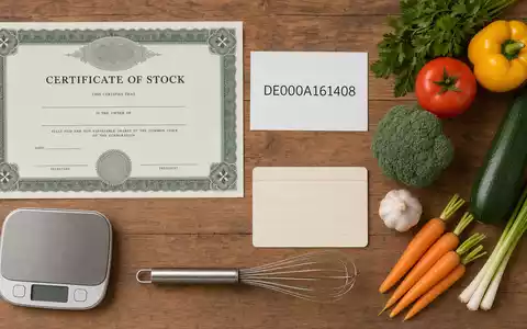 HelloFresh SE (DE000A161408) als Anlageobjekt: Flatlay mit Aktienzertifikat, ISIN-Karte und frischen Kochzutaten - Foto: THN