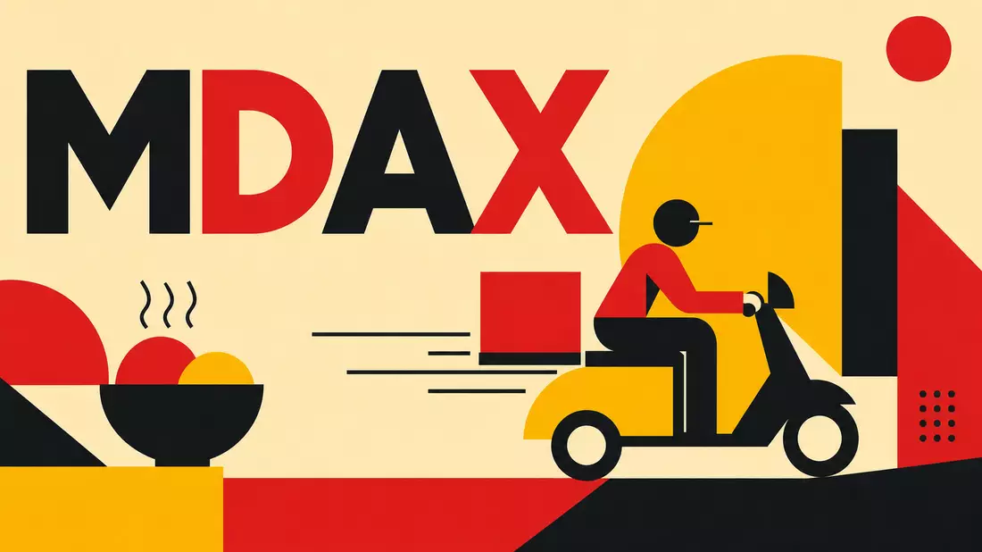 Bauhaus-Poster in Rot, Gelb und Schwarz mit MDAX-Schriftzug und Lieferfahrer-Silhouette