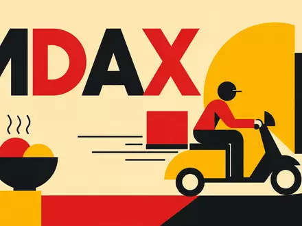 HelloFresh SE (DE000A161408) ist im MDAX gelistet, symbolisiert durch ein geometrisches Bauhaus-Poster mit Lieferbote-Motiv - Foto: THN