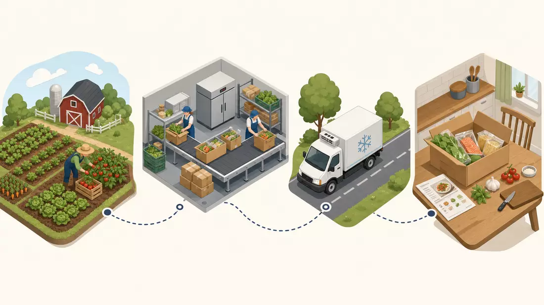 Isometrische 3D-Illustration der Lieferkette von Farm, Packstation, Lieferwagen bis Küchentisch