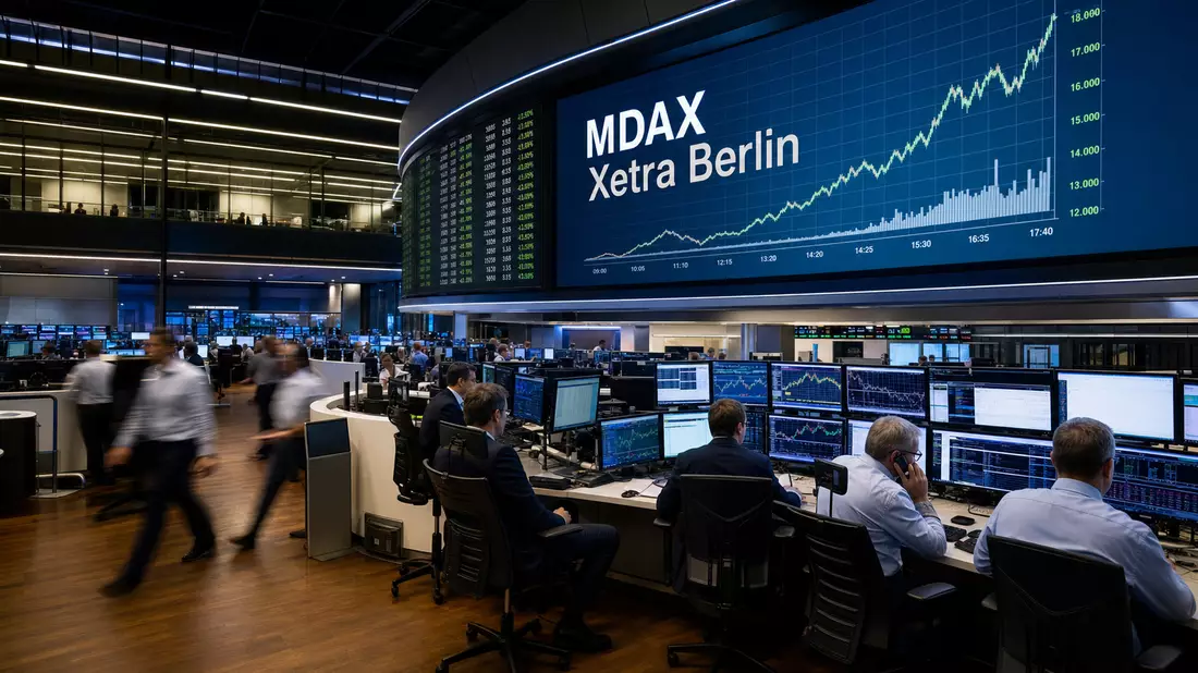 Trading-Floor mit Bildschirmen, aufsteigendem Aktienchart und Schriftzug MDAX Xetra Berlin
