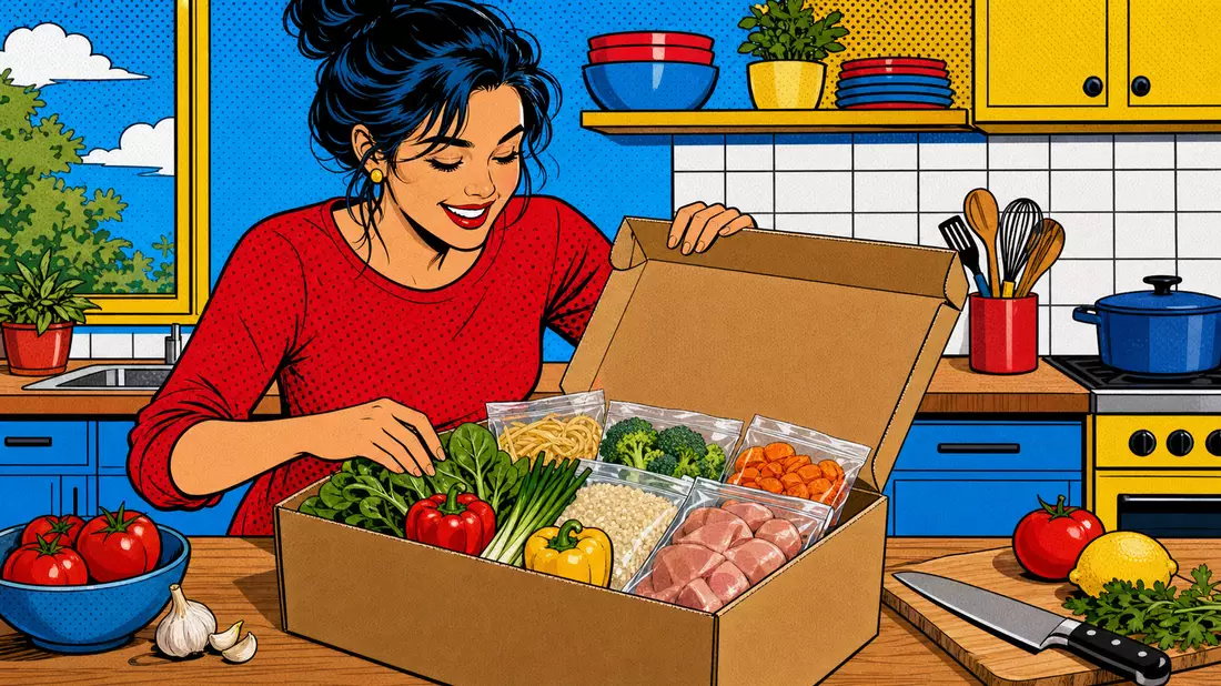 Pop-Art-Comic einer lächelnden Person, die eine Kochbox mit frischem Gemüse auspackt