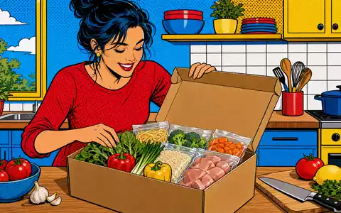 HelloFresh SE (DE000A161408) bringt Freude in die Küche, farbenfroh gezeigt im Pop-Art-Comic-Stil beim Kistenauspacken - Foto: THN
