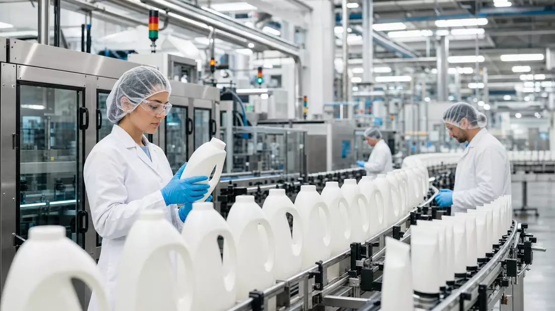 Fabrikarbeiter prüfen unmarkierte Flaschen an einer automatisierten Produktionslinie