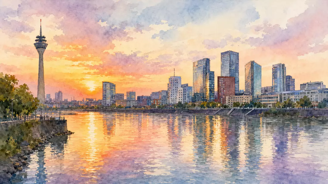 Aquarellmalerei der Düsseldorfer Skyline am Rhein bei Sonnenuntergang