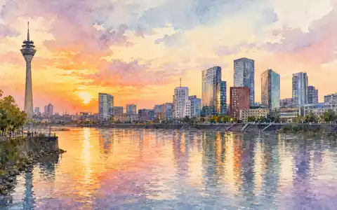 Aquarell der Düsseldorfer Skyline symbolisiert Henkel AG & Co. KGaA Vz, ISIN DE0006048432, warm beleuchtet - Foto: THN