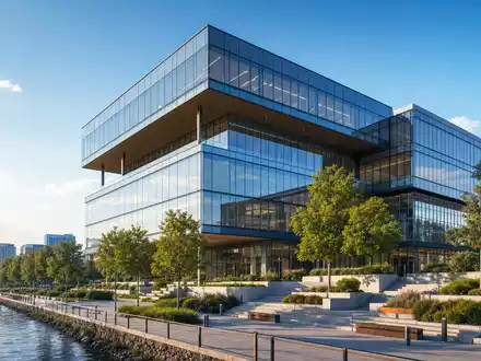 Architektur-Render eines Bürogebäudes repräsentiert Henkel AG & Co. KGaA Vz, ISIN DE0006048432, am Flussufer - Foto: THN