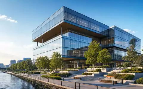 Architektur-Render eines Bürogebäudes repräsentiert Henkel AG & Co. KGaA Vz, ISIN DE0006048432, am Flussufer - Foto: THN