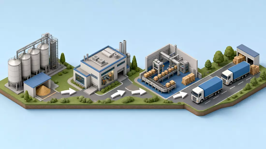 Isometrische Illustration einer Fabrik mit Silos, Fließband und Lieferwagen