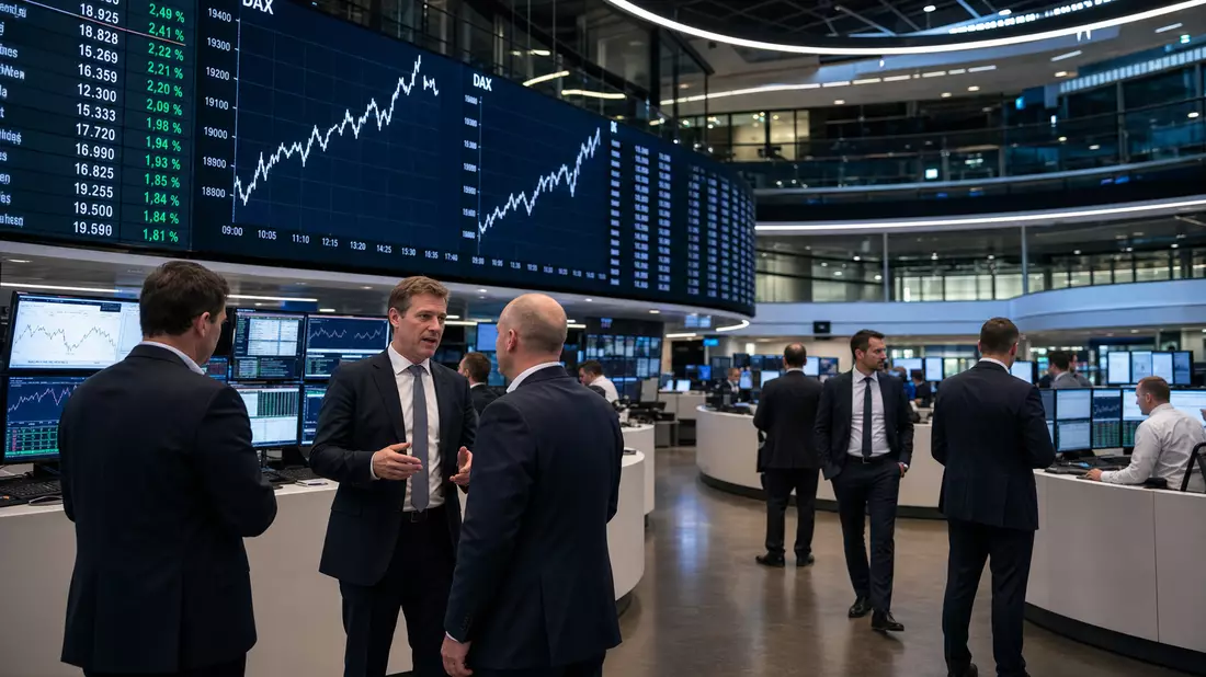 Trader diskutieren vor großen Bildschirmen mit DAX-Kurscharts auf dem Börsenparkett
