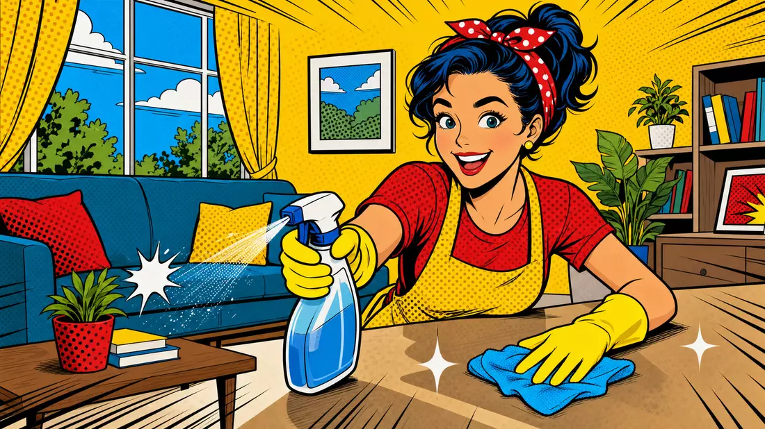 Bunte Comic-Illustration einer Frau, die mit einer Sprühflasche einen Tisch reinigt