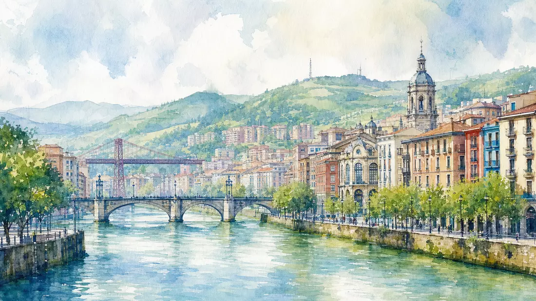 Aquarellmalerei der Stadt Bilbao mit Fluss und Brücken
