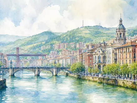 Aquarellgemälde zeigt Bilbao Skyline und Fluss in weichen Pastelltönen für Iberdrola S.A. (ISIN ES0144580Y14) - Foto: THN