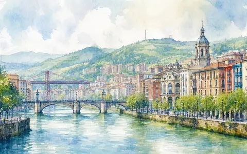 Aquarellgemälde zeigt Bilbao Skyline und Fluss in weichen Pastelltönen für Iberdrola S.A. (ISIN ES0144580Y14) - Foto: THN