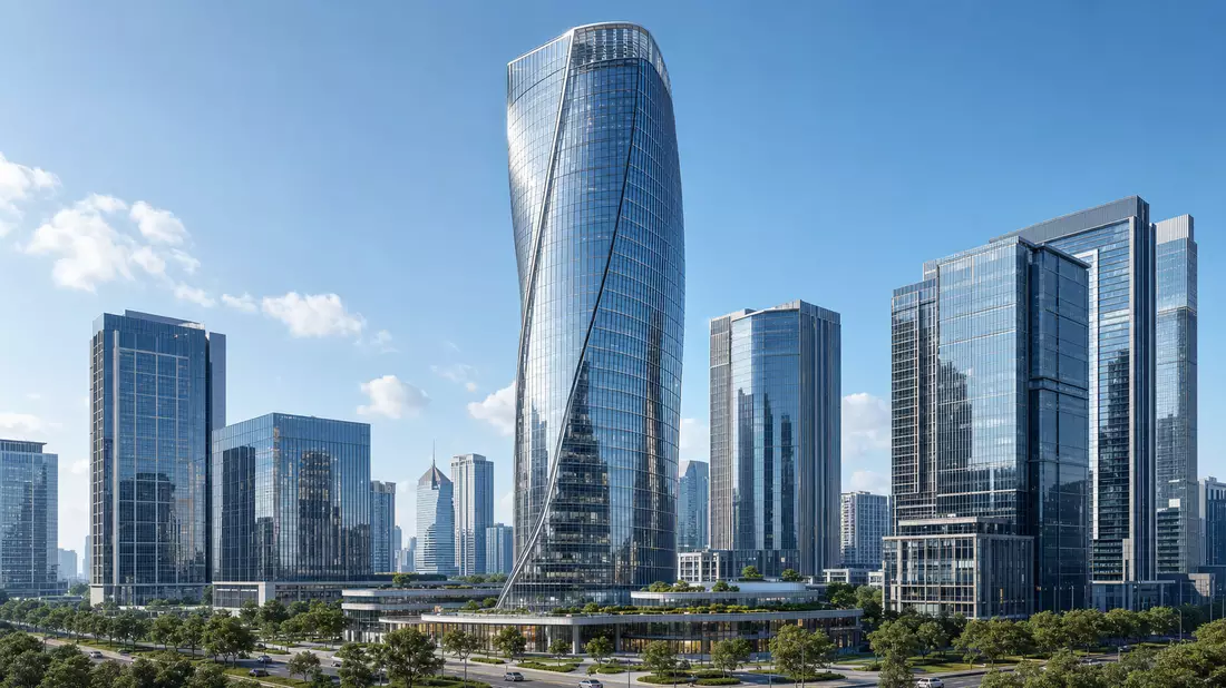 3D-Architekturrender eines gläsernen Bürohochhauses in Madrid