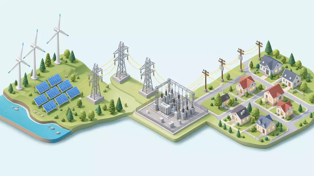 Isometrische 3D-Grafik einer Energie-Wertschöpfungskette