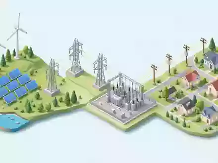 Isometrische 3D-Illustration zeigt Energie-Wertschöpfungskette von Erzeugung bis Verteilung für Iberdrola S.A. (ISIN ES0144580Y14) - Foto: THN