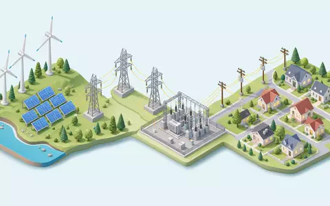 Isometrische 3D-Illustration zeigt Energie-Wertschöpfungskette von Erzeugung bis Verteilung für Iberdrola S.A. (ISIN ES0144580Y14) - Foto: THN