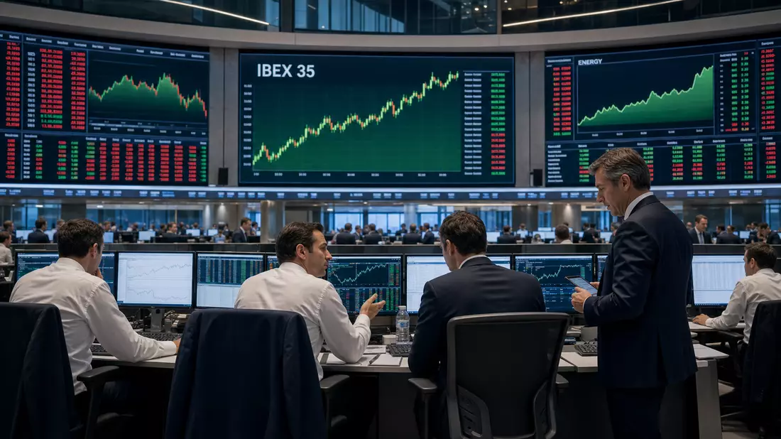 Trading-Floor mit Bildschirmen und Energie-Aktiencharts