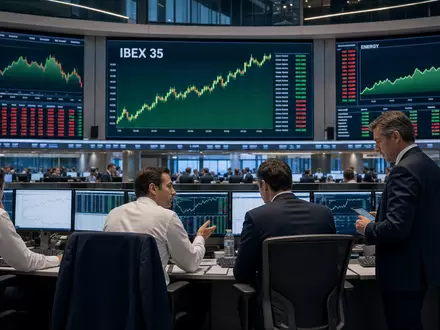 Börsen-Editorialfoto zeigt Handelssaal mit Energie-Kurscharts, symbolisch für IBEX 35 und Iberdrola S.A. (ISIN ES0144580Y14) - Foto: THN