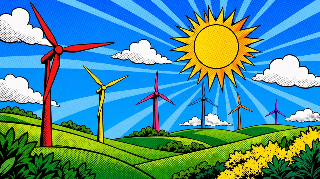 Pop-Art-Comic mit Windturbinen, Sonne und Halbtonraster