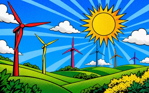 Pop-Art-Comicszene zeigt bunte Windturbinen und Sonne im Halbtonraster, stilisiert für Iberdrola S.A. (ISIN ES0144580Y14) - Foto: THN